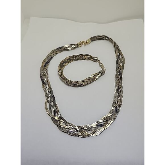 17.5" Vintage 5 Strand Silver Over Copper Necklace W/bracelet 6.25" Set Korea - Picture 4 of 5